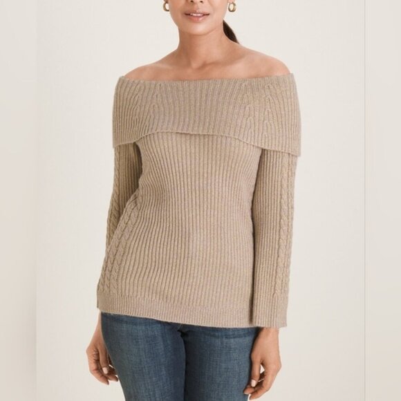 Chico's Off Shoulder Cable Knit Sweater Gold Shimmer Sparkle Holiday Soft Winter - Picture 1 of 12